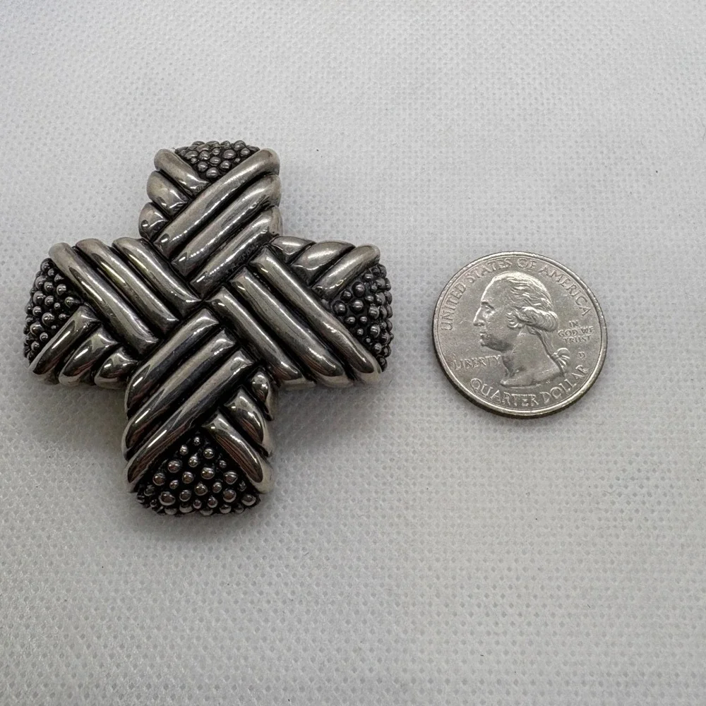 Vintage Carol Henry 925 Sterling Silver Cross Brooch Pendant Woven Textured 39g